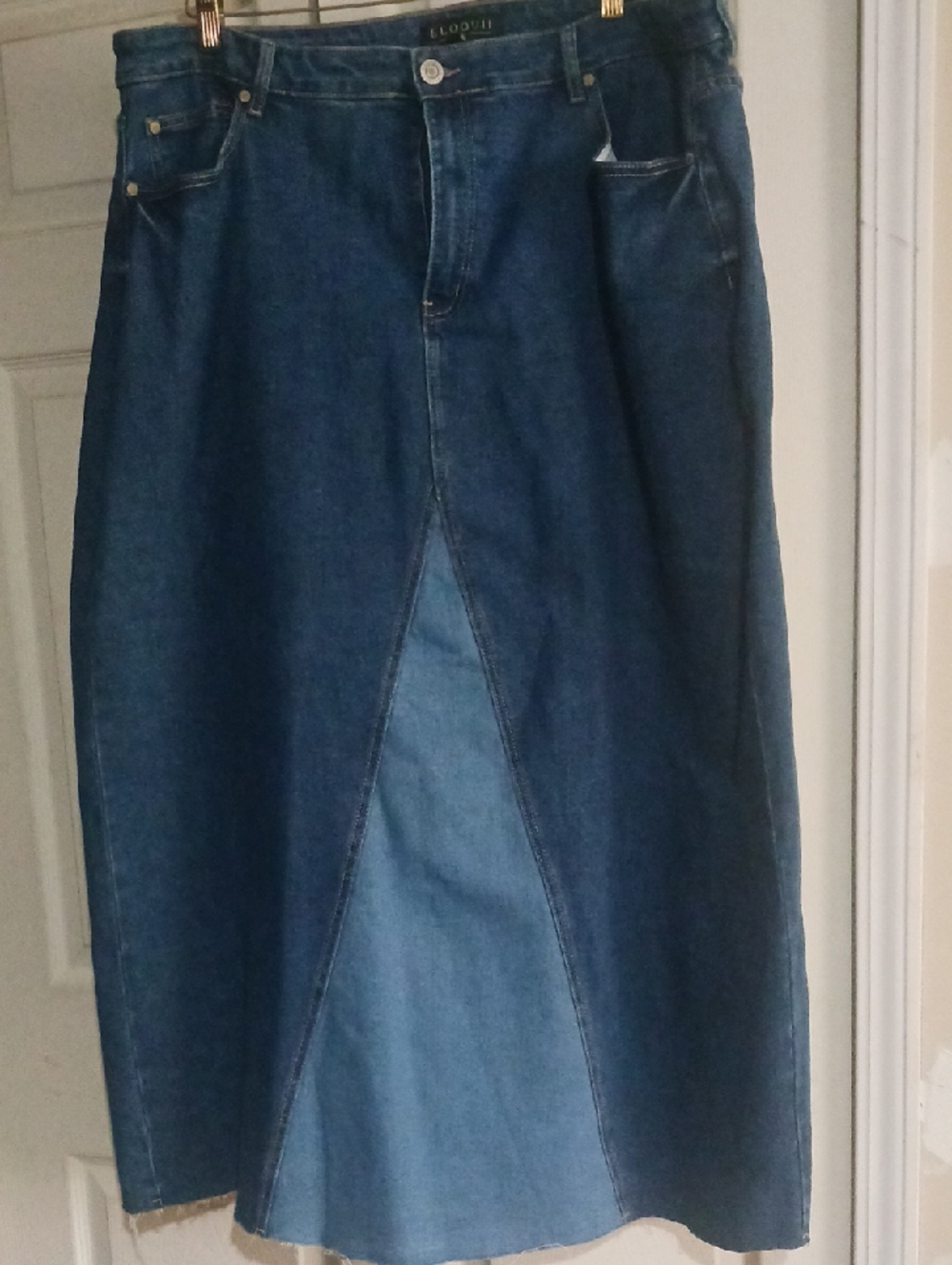 Eloquii Dark Blue Denim Midi Skirt with Front Panel